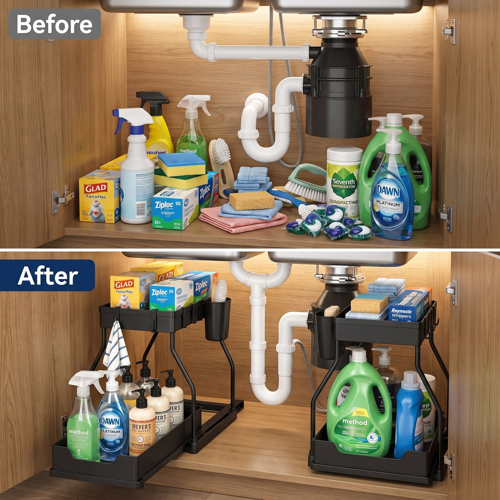 2 Pack 2-Tier Sliding Cabinet Organizer with Hanging Cups, for Kitchen & Bathroom