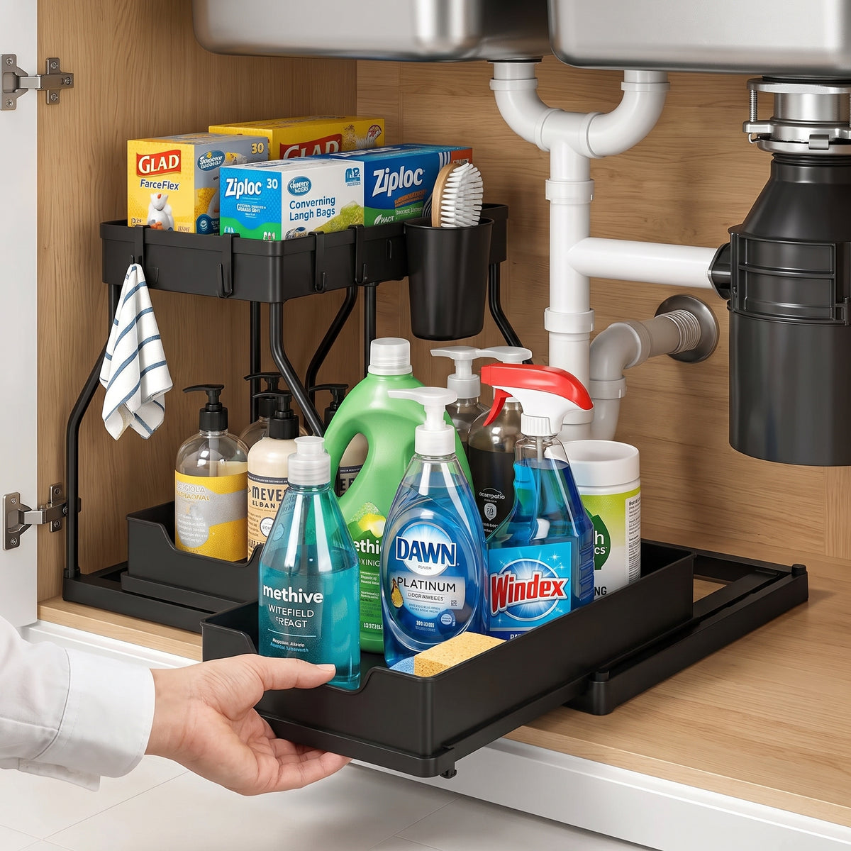 2 Pack 2-Tier Sliding Cabinet Organizer with Hanging Cups, for Kitchen & Bathroom