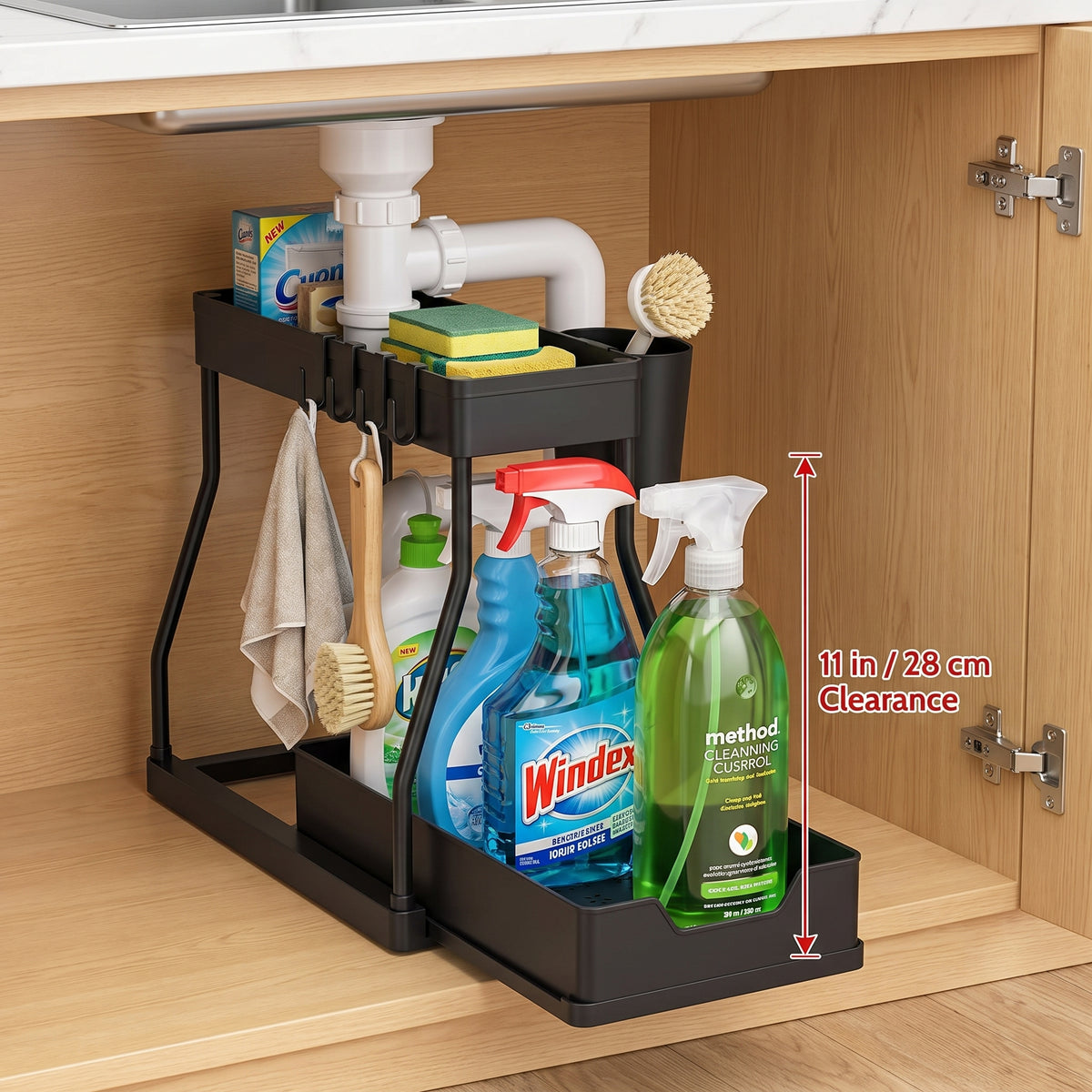 2 Pack 2-Tier Sliding Cabinet Organizer with Hanging Cups, for Kitchen & Bathroom