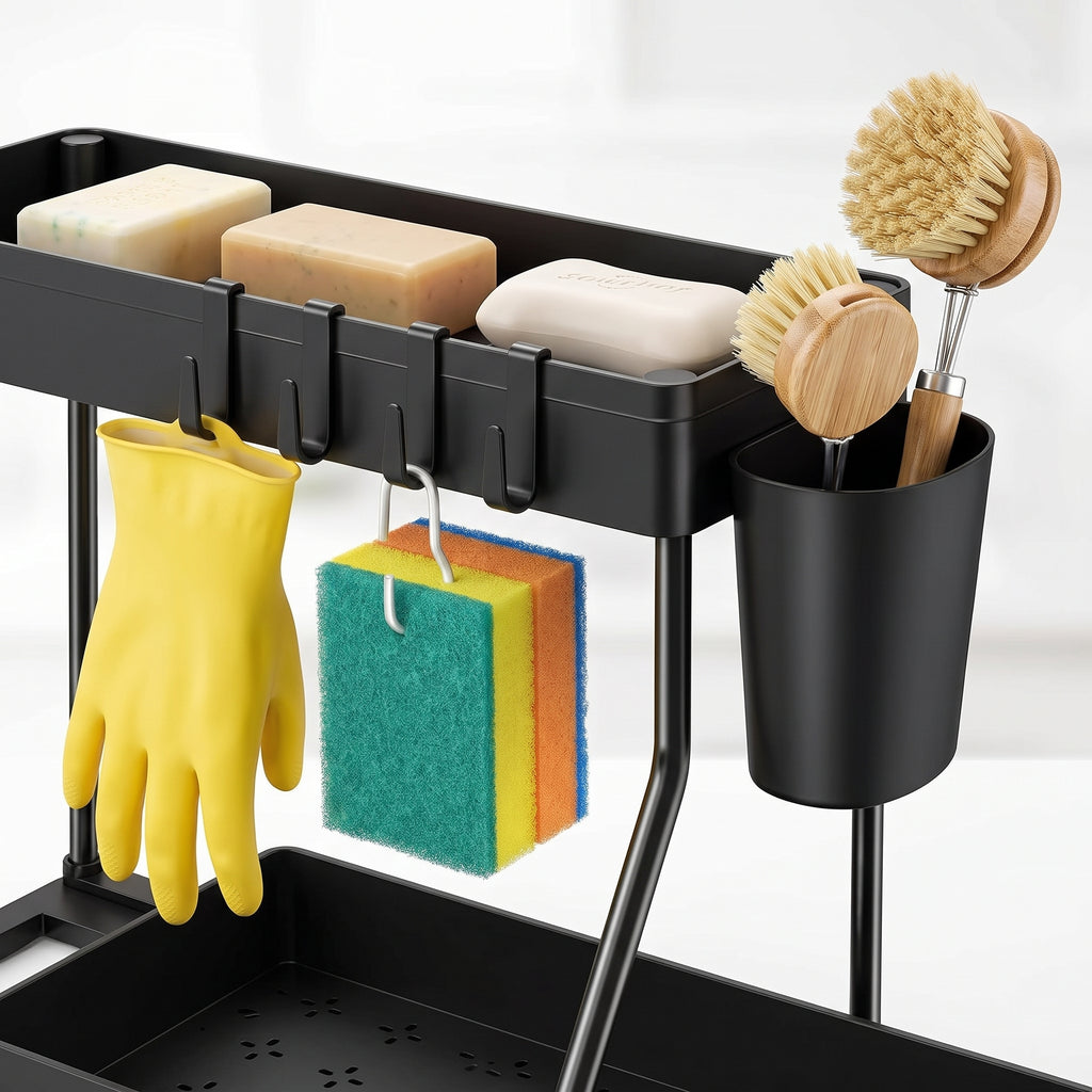 2 Pack 2-Tier Sliding Cabinet Organizer with Hanging Cups, for Kitchen & Bathroom