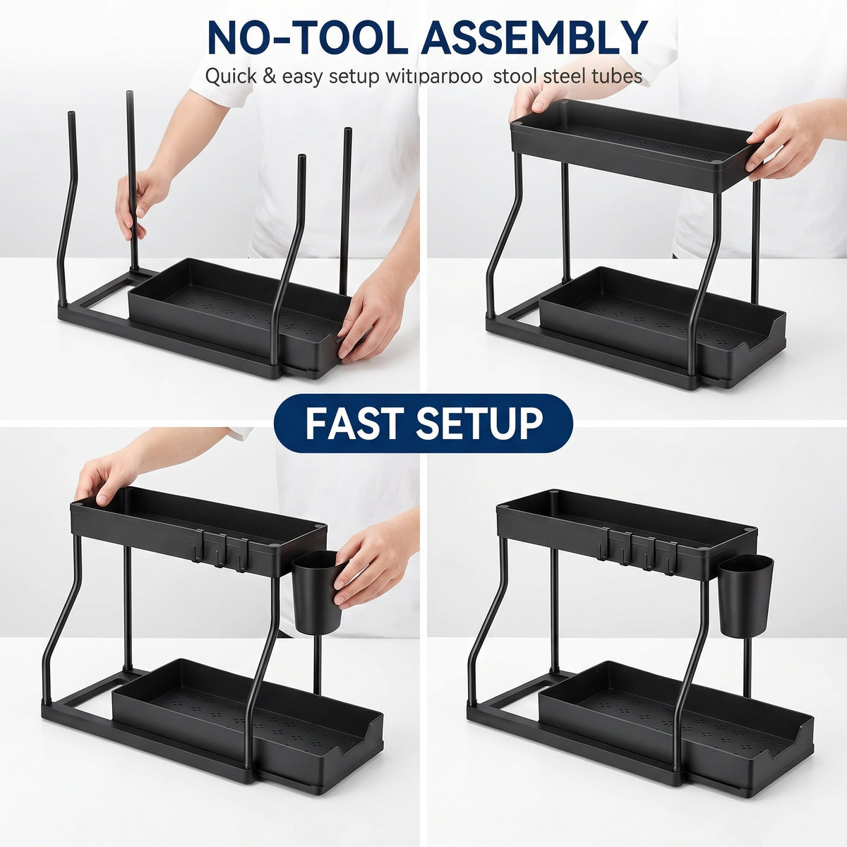 2 Pack 2-Tier Sliding Cabinet Organizer with Hanging Cups, for Kitchen & Bathroom