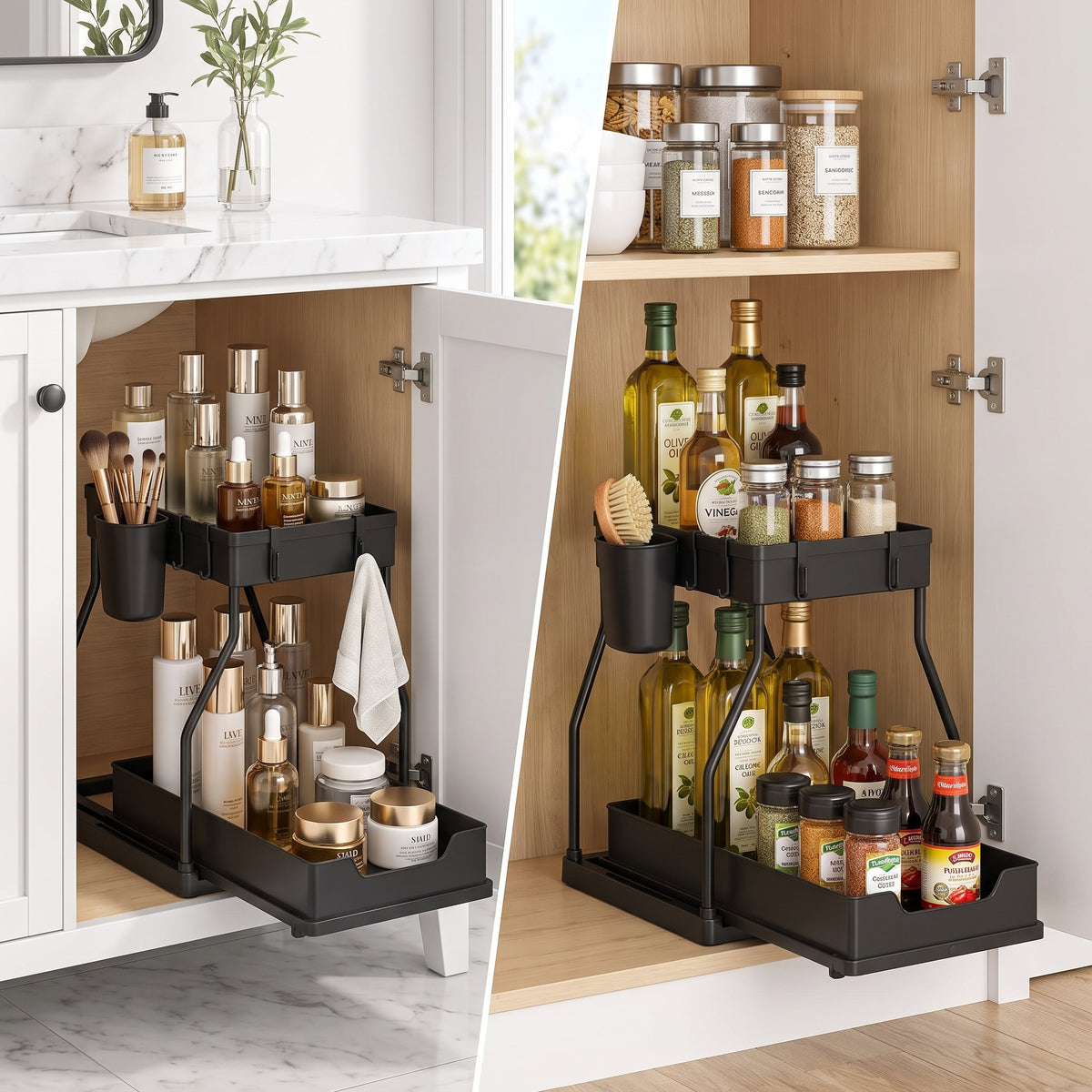 2 Pack 2-Tier Sliding Cabinet Organizer with Hanging Cups, for Kitchen & Bathroom
